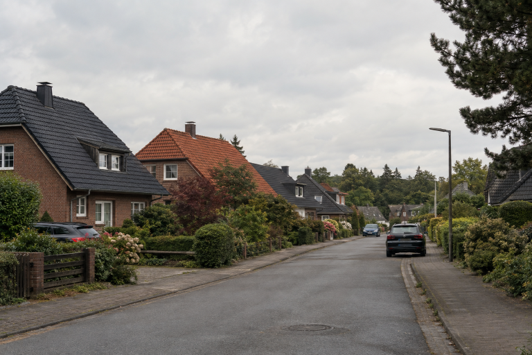 Wohnstraße mit Einfamilienhäusern in einer Gemeinde im Heidekreis